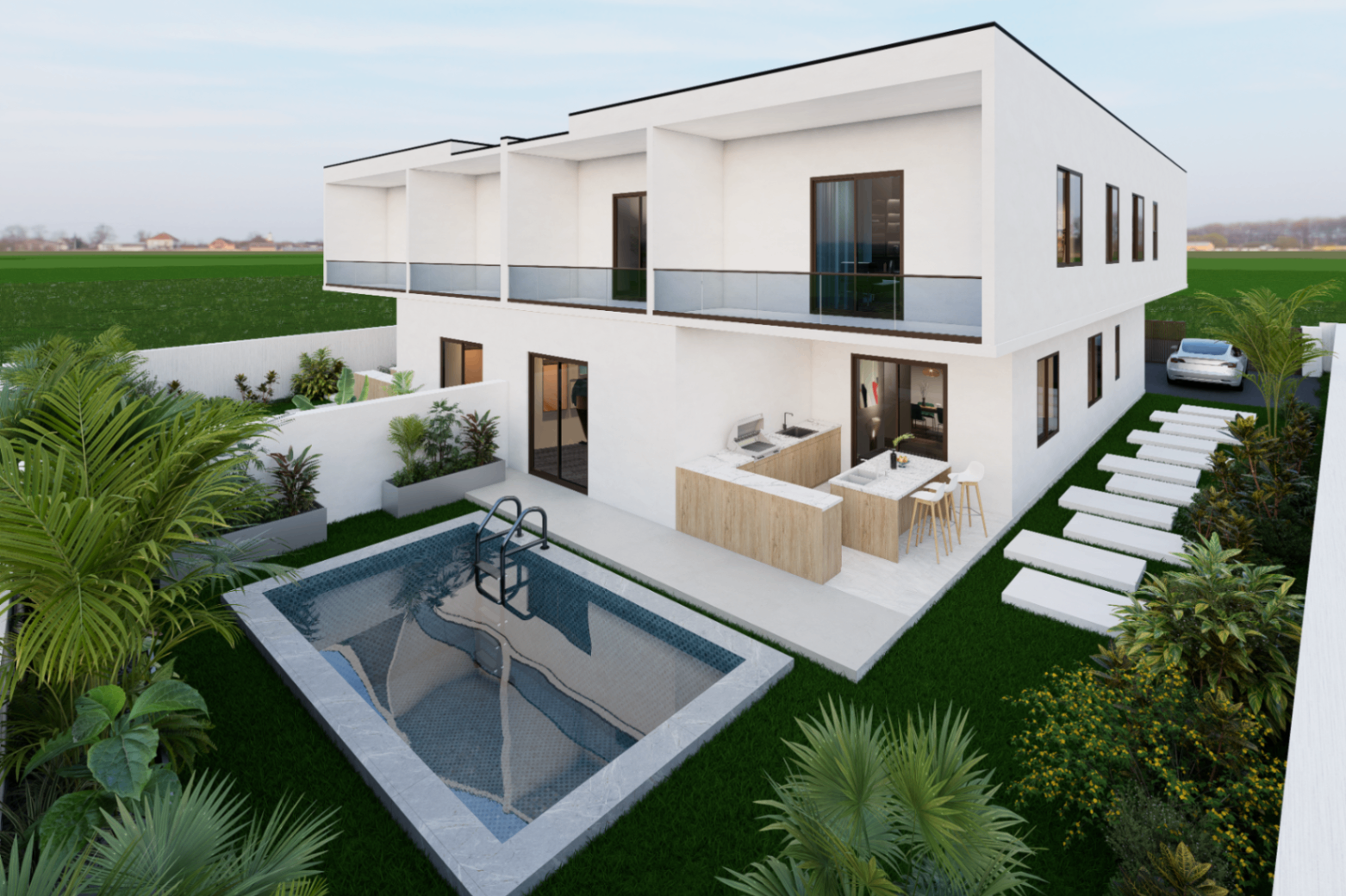 Amarah Villas rear garden and outdoor kitchen render
