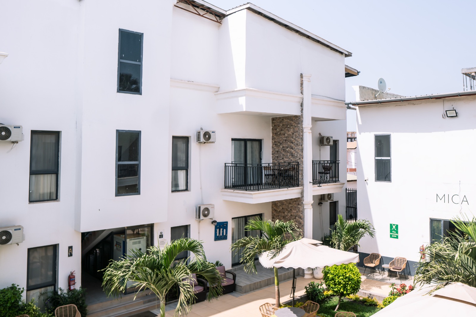 MICA Apartments courtyard view with stacked balconies